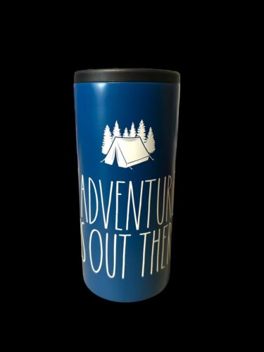 RAE DUNN New “ADVENTURE IS OUT THERE” Slim-Can Cooler Stainless Steel 12oz BLUE