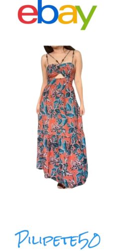 JASON WU Copper Turquoise Blue Floral Print Smocked Cut-Out Linen Midi Dress~ L
