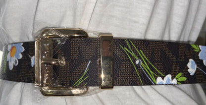 MICHAEL KORS BELT REVERSIBLE BROWN MK LOGO WITH FLOWER PRINT GOLD BUCKLE STYLE!
