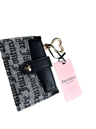 Juicy Couture Pile on Tab Elongated Card Case Bifold~Black Beige~Key Heart Ring