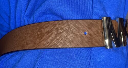 MICHAEL KORS BELT VANILLA/LUGGAGE PRINTED MK LOGO WITH GOLD MK LOGO BUCKLE LARGE