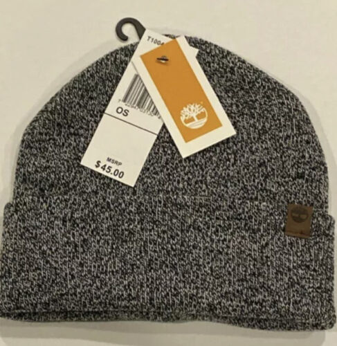 Timberland Knit Hat Cap Cuffed Beanie Black And Gray OSFM Patch Logo NWT