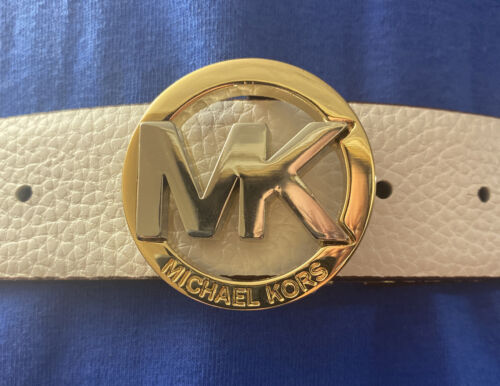 MICHAEL KORS BELT REVERSIBLE WHITE TO BROWN TUTONE BUCKLE SILVER AND GOLD SIZE L