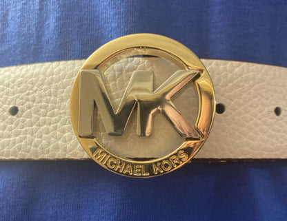 MICHAEL KORS BELT REVERSIBLE WHITE TO BROWN TUTONE BUCKLE SILVER AND GOLD SIZE L