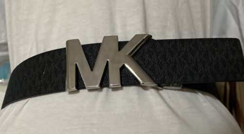 MICHAEL KORS BELT REVERSIBLE BLACK PRINTED MINI LOGO TO BLACK MK SILVER BUCKLE
