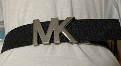 MICHAEL KORS BELT REVERSIBLE BLACK PRINTED MINI LOGO TO BLACK MK SILVER BUCKLE