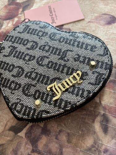 JUICY COUTURE BLACK AND GRAY HEART SHAPED COIN PURSE 5”D X 4.5” L X 1 “D