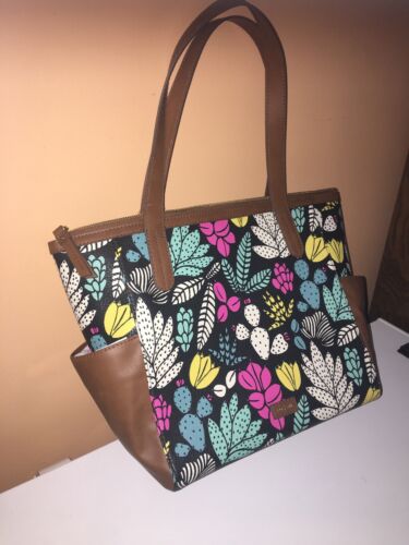 FOSSIL MIMI SHOPPER COATED CANVAS SHOPPER TOTE WITH LEATHER TRIM-Dark Floral
