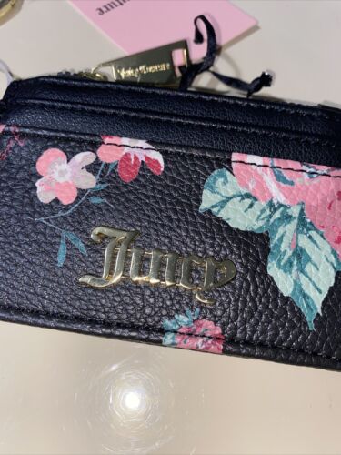 JUICY COUTURE  VINTAGE ROSE BLACK ZIPPERED UP MULTI CARD-CASE KEY RING WALLET
