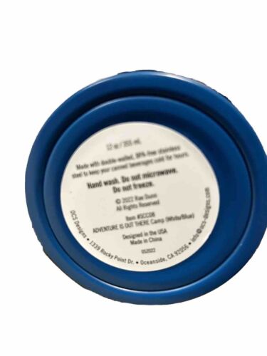 RAE DUNN New “ADVENTURE IS OUT THERE” Slim-Can Cooler Stainless Steel 12oz BLUE