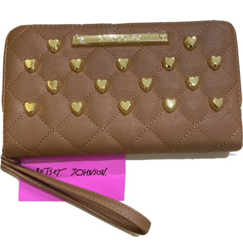 BETSEY JOHNSON Cognac ZIP AROUND CLUTCH WALLET WRISTLET BS800160 GOLD HEARTS NWT