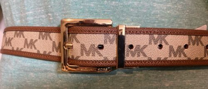 MICHAEL KORS BELT REVERSIBLE CREAM LUGGAGE LEATHER MK LOGO GOLD BUCKLE