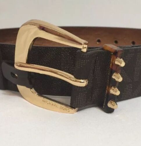 MICHAEL KORS BELT BROWN MK LOGO PRINT WITH GOLD BUCKLE WITH STUDDED LOOP "RETRO"