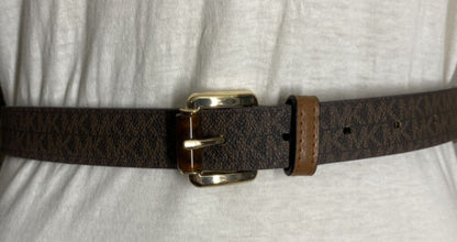 MICHAEL KORS BELT BROWN WITH PRINTED MK LOGO WITH TAN BELT LOOP AND GOLD BUCKLE