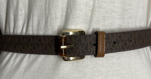MICHAEL KORS BELT BROWN WITH PRINTED MK LOGO WITH TAN BELT LOOP AND GOLD BUCKLE