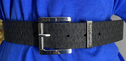 MICHAEL KORS BELT BLACK MK LOGO WITH SILVER BUCKLE WITH METAL MK BELT LOOP