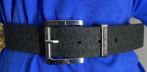 MICHAEL KORS BELT BLACK MK LOGO WITH SILVER BUCKLE WITH METAL MK BELT LOOP