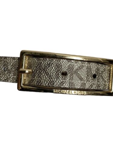 Michael Kors belt glittery gold printed MK logo gold rectangle buckle "Skinny" M