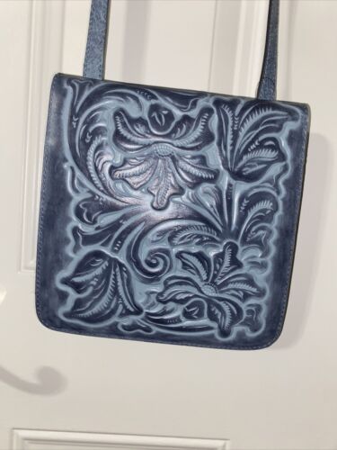 PATRICIA NASH GIRONA NWT BRNTL SAFFLOWER BLUE TOOLED LEATHER XBDY BAG-REAR FIND!