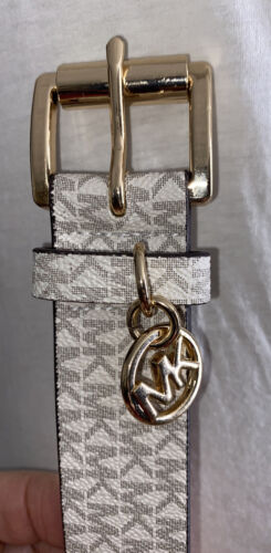 Michael Kors Belt White With Printed Mk Logo With Gold Buckle And MK Charm
