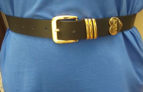 JUICY COUTURE BELT BLACK WITH GOLD BUCKLE + TRIPLE GOLD BELT LOOP GOLD HEART TIP