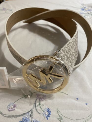 MICHAEL KORS BELT VANILLA WITH MK PRINTED LOGO- LARGE GOLD MK CIRCLE BUCKLE Sz L