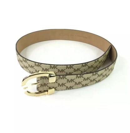 Michael Kors Belt~Beige Tan Signature Logo Leather Gold Buckle Med~MSRP $58~CUTE