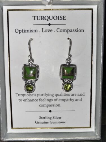SHIVAM .925 STERLING SILVER TURQUOISE EARRINGS GENUINE GEMSTONE ROUND DANGLE NIB