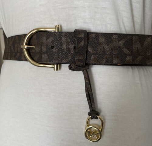 MICHAEL KORS BELT CHOCOLATE MK LOGO MK NAME PLATE WITH MK CHARM GOLD BUCKLE WOW!