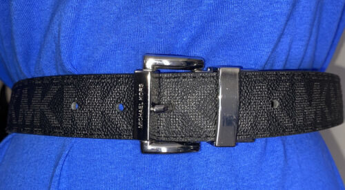 MICHAEL KORS BELT BLACK TO BLACK MK LOGO TWIST REVSESIBLE SILVER BUCKLE MSRP $58
