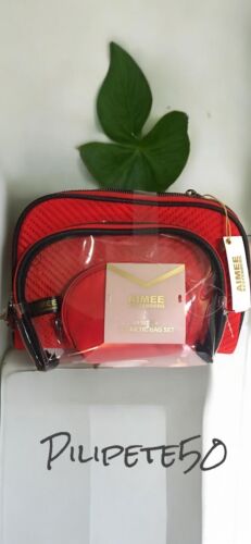 Aimee Kestenberg CHELSEA RED CHEVRON 3-Piece NICKEL Silver Zipper Cosmetic Bag