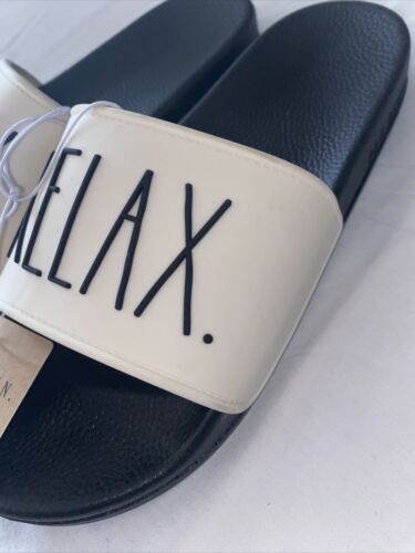 Rae Dunn RELAX RELAX Slides Black & Ivory Size 9 NEW - SUPER CUTE!!!