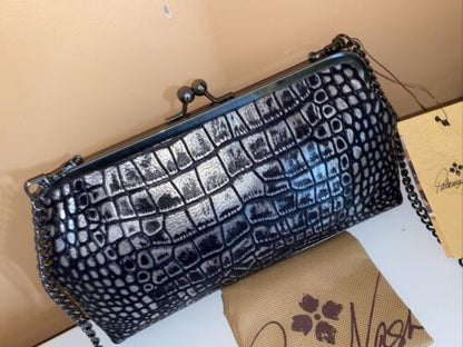 Patricia Nash Potenaz Kisslock Frame Crossbody Clutch Silver Leather chain strap
