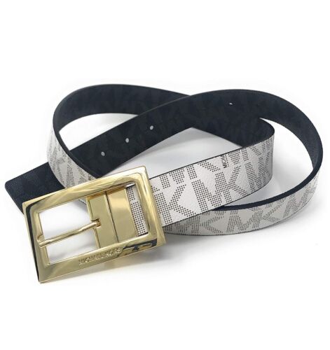 MICHAEL KORS BELT VANILLA/BLACK MK LOGO GOLD RECTANGULAR BUCKLE   MSRP $48