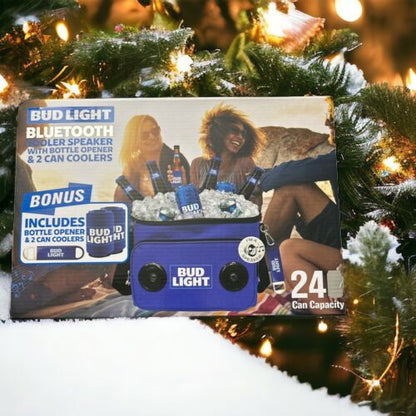 Bud Light Rechargeable Bluetooth Speaker Cooler With  2 Can Coolers + Can opener
