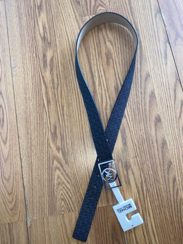 MICHAEL KORS BELT BLACK MK MINI LOGO SILVER MK RECTANGULAR CIRCLE BUCKLE RARE!!
