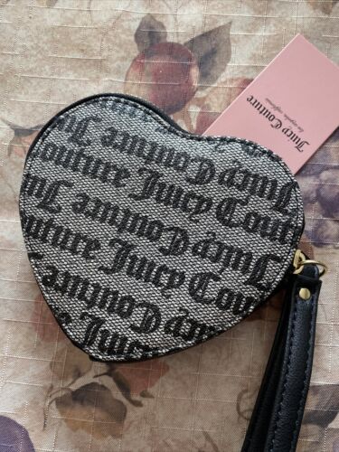 JUICY COUTURE BLACK AND GRAY HEART SHAPED COIN PURSE 5”D X 4.5” L X 1 “D