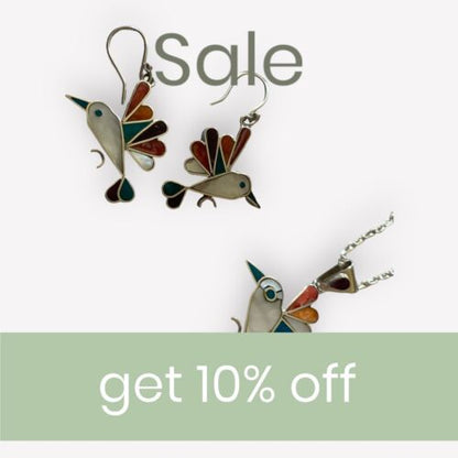 PERUVIAN Hummingbird Pendant Necklace & Earring Set Multicolor Stones 950 Purity