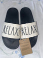 Rae Dunn RELAX RELAX Slides Black & Ivory Size 9 NEW - SUPER CUTE!!!
