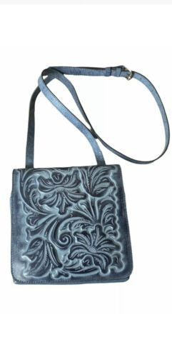 PATRICIA NASH GIRONA NWT BRNTL SAFFLOWER BLUE TOOLED LEATHER XBDY BAG-REAR FIND!