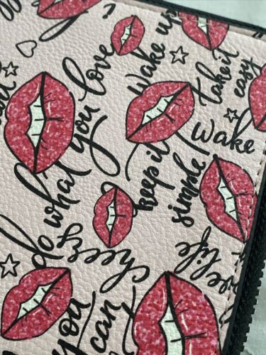 Betsey Johnson New Indexer Zip Around Wallet w/ Strap Black/Multi Lips $38 NWT