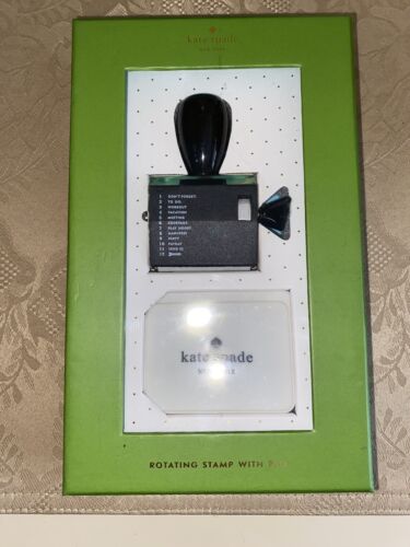 KATE SPADE NEW YORK ROTATING STAMP WITH INK PAD BLACK GOLD OFFICE DESK NEW