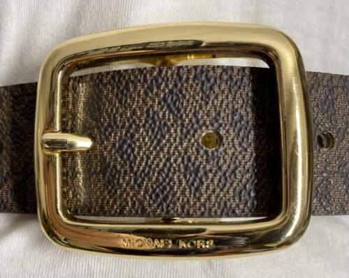MICHAEL KORS BELT REVERSIBLE CHOCOLATE/VANILLA MK LOGO PRINT GOLD OVAL BUCKLE