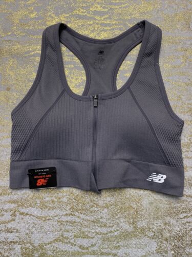 NEW BALANCE Medium Impact Sports Bra Style  111155 GRAY FRONT ZIPPER LARGE CUTE!