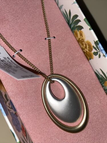Lucky Brand Silver & Gold Tone Oval Pendant Necklace~18” to  22” Long~ REAR FIND
