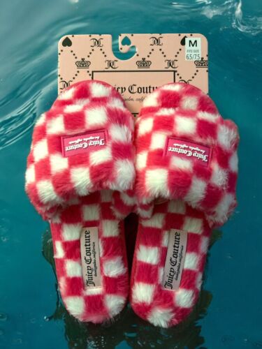 Juicy Couture JC Hero Fuchsia  & White Fuzzy Slide Slippers MEDIUM 6.5/7.5 NWT