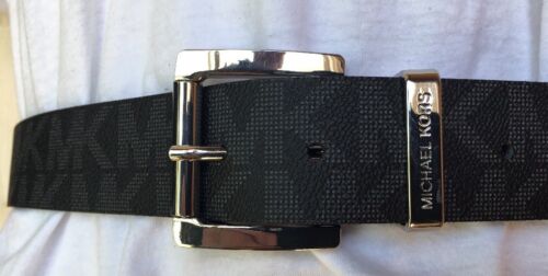 MICHAEL KORS BELT BLACK WITH LARGE PRINTED MK LOGO SILVER BUCKLE LARGE MSRP $48