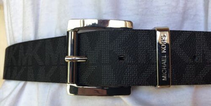 MICHAEL KORS BELT BLACK WITH LARGE PRINTED MK LOGO SILVER BUCKLE LARGE MSRP $48