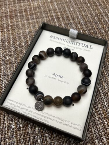 essentialRITUAL AGATE Genuine Stone Bracelet~Protection, Cleansing~Silver Charm