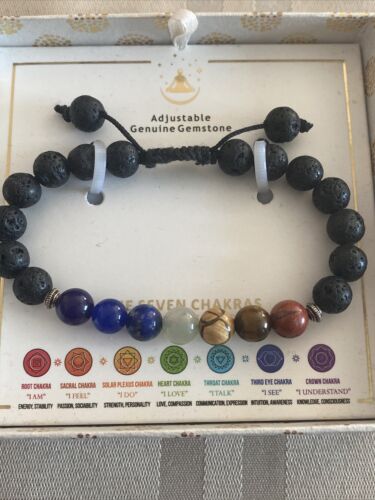 SHIVAM .925 STERLING SILVER SEVEN CHAKRAS LAVA  ￼GENUINE GEMSTONE BRACELET NIB